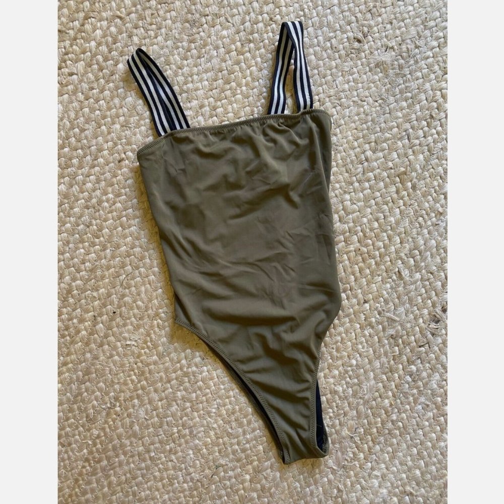 Solid & Striped Swimsuit Green with Black and White Straps Size XS